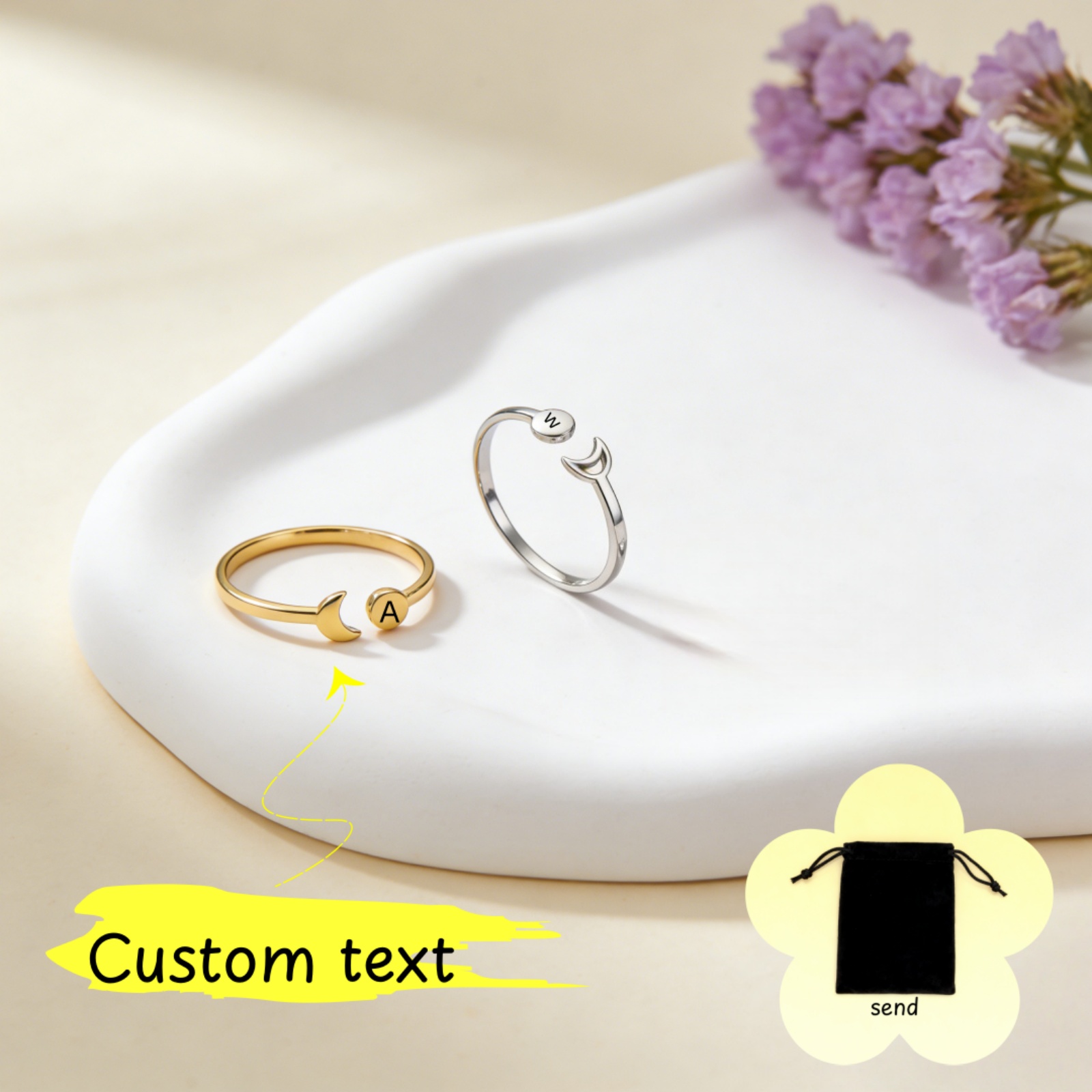 Wedding Z - カスタマイズされた名前 A-Z イニシャルレトロムーンフェイズリングステンレス鋼パーソナライズされたシンプルな三日月太陽リングカップルジュエリーギフト