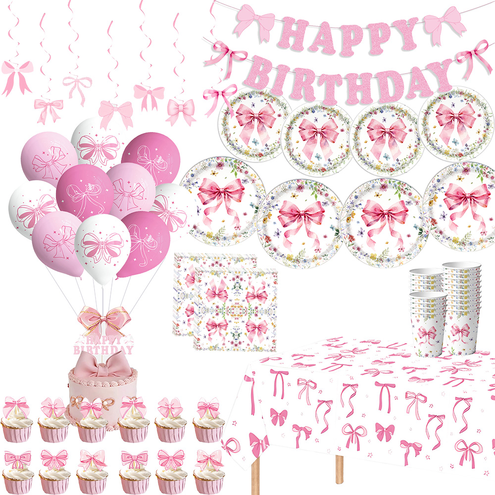 Confetti Balloon Set - ピンクのリボン女の子の誕生日デコレーションプレートナプキンカップテーブルクロス風船バナーケーキデコレーションパーティー用品ベビーシャワー