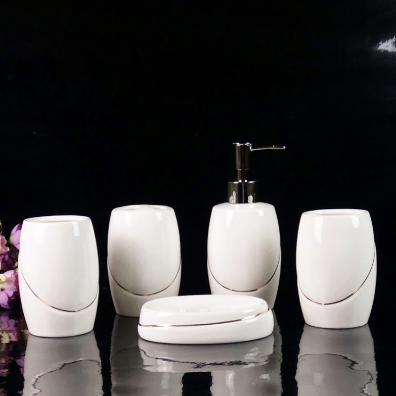 Wedding Bathroom Supply Kit - ホワイトセラミックバスルーム用品キット/バスルーム用ウェディングギフト/トイレ洗浄セット/ソープディスペンサー、歯ブラシホルダー、マウスウォッシュCu