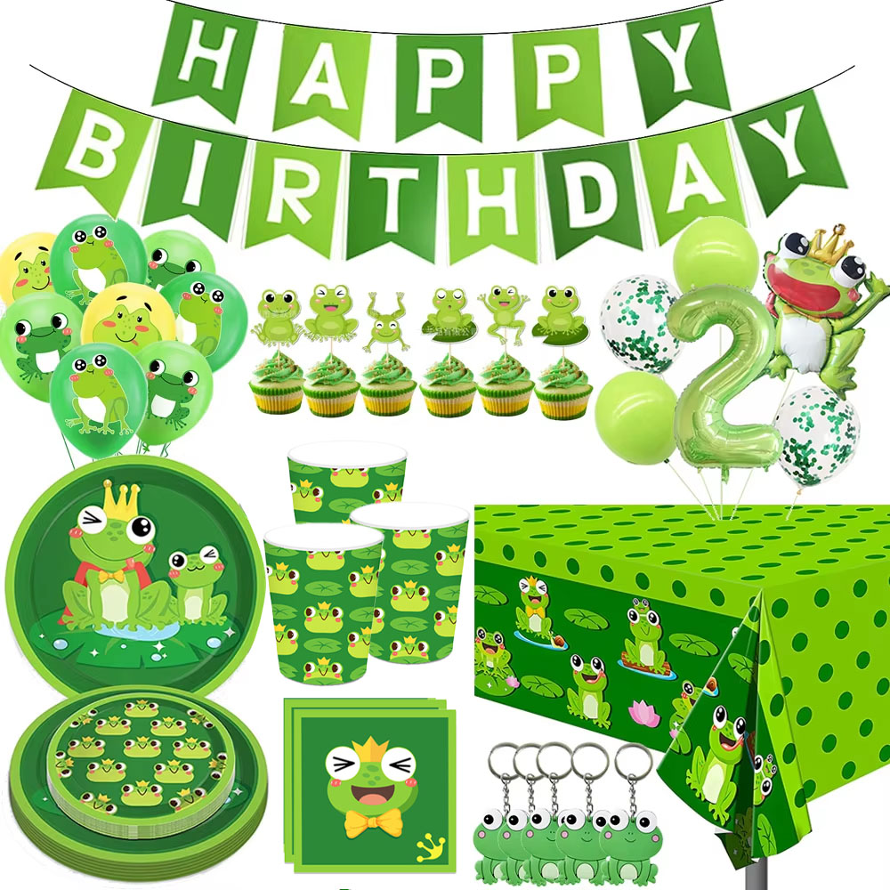 Confetti Balloon Set - カエルの誕生日パーティーデコレーション Happy Birthady バナー風船 使い捨て食器 ケーキトッパー