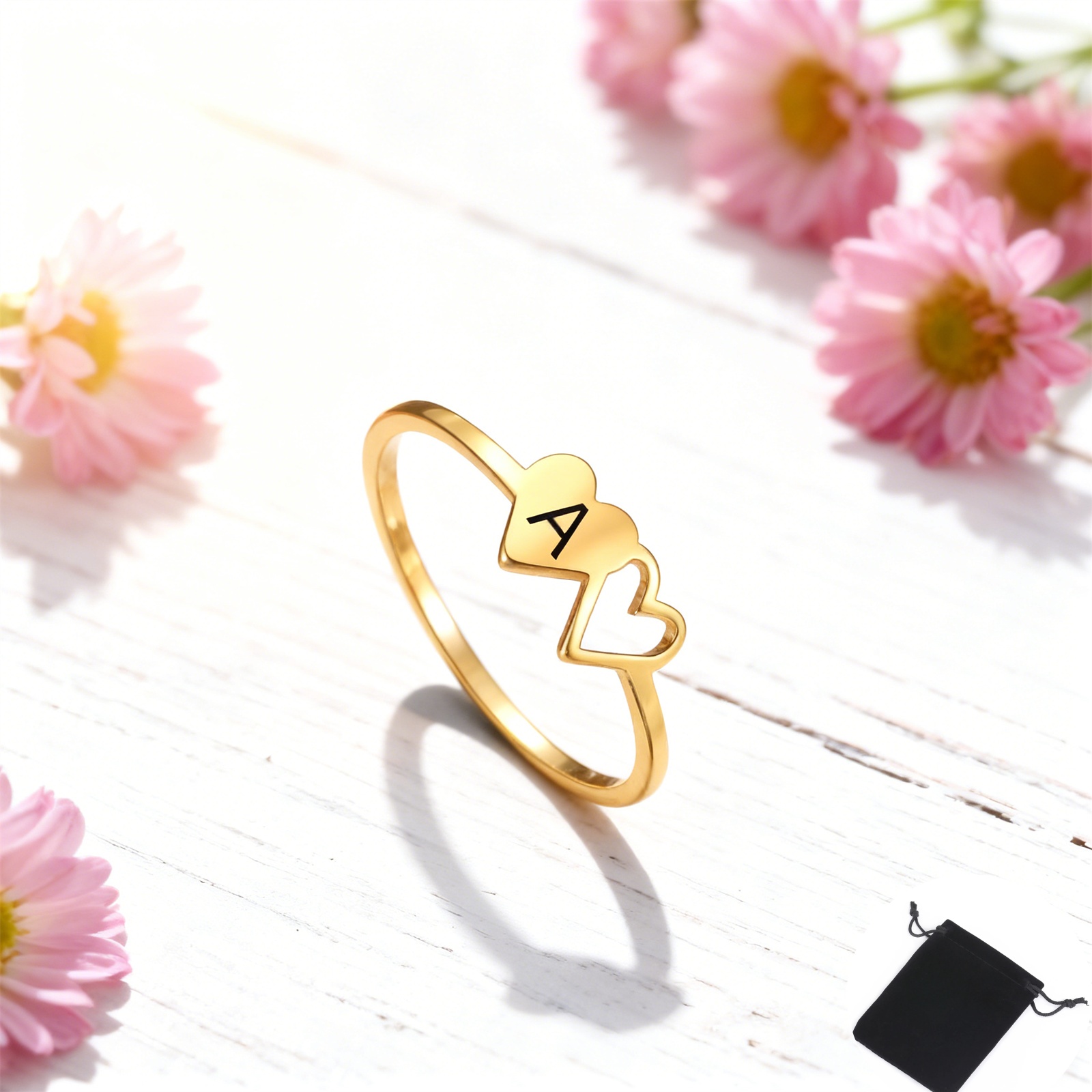 カスタマイズされた名前イニシャルダブルハートリングステンレス - Wedding Z のレビューと価格