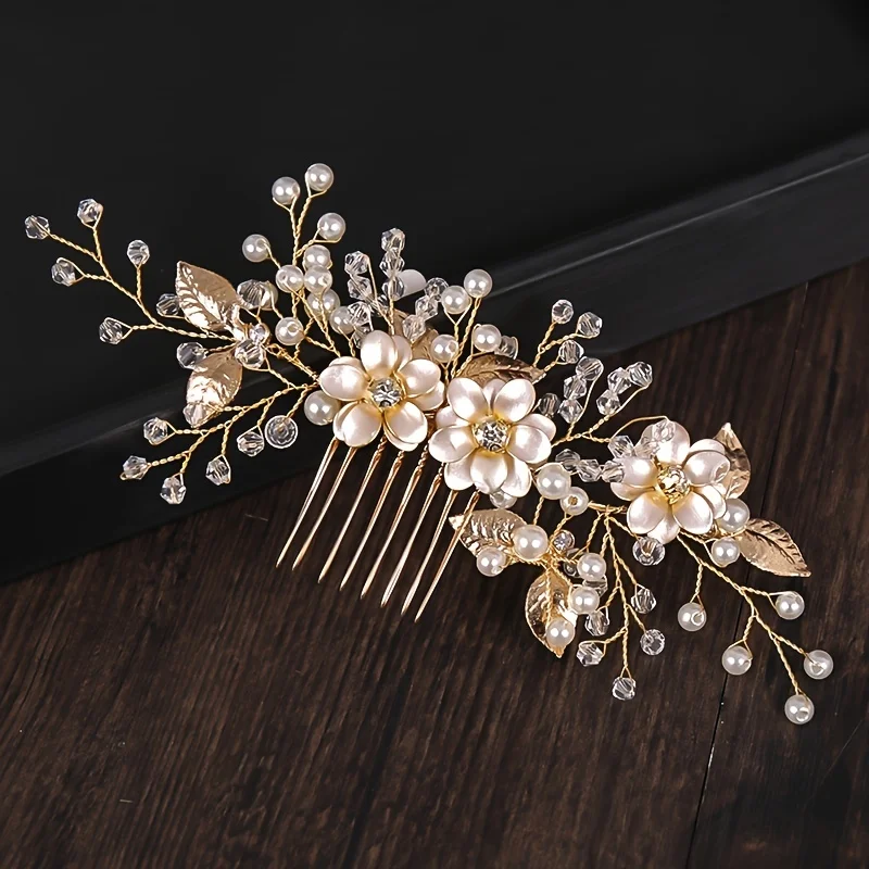 女性のための手作りの金と花のヘアバンド,真珠,ラインストーン - Wedding Supply Store のレビューと価格